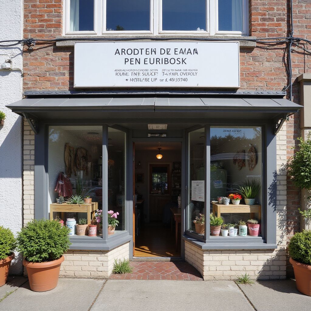 Flower shop exterior with glass doors, potted plants, and sign reading 