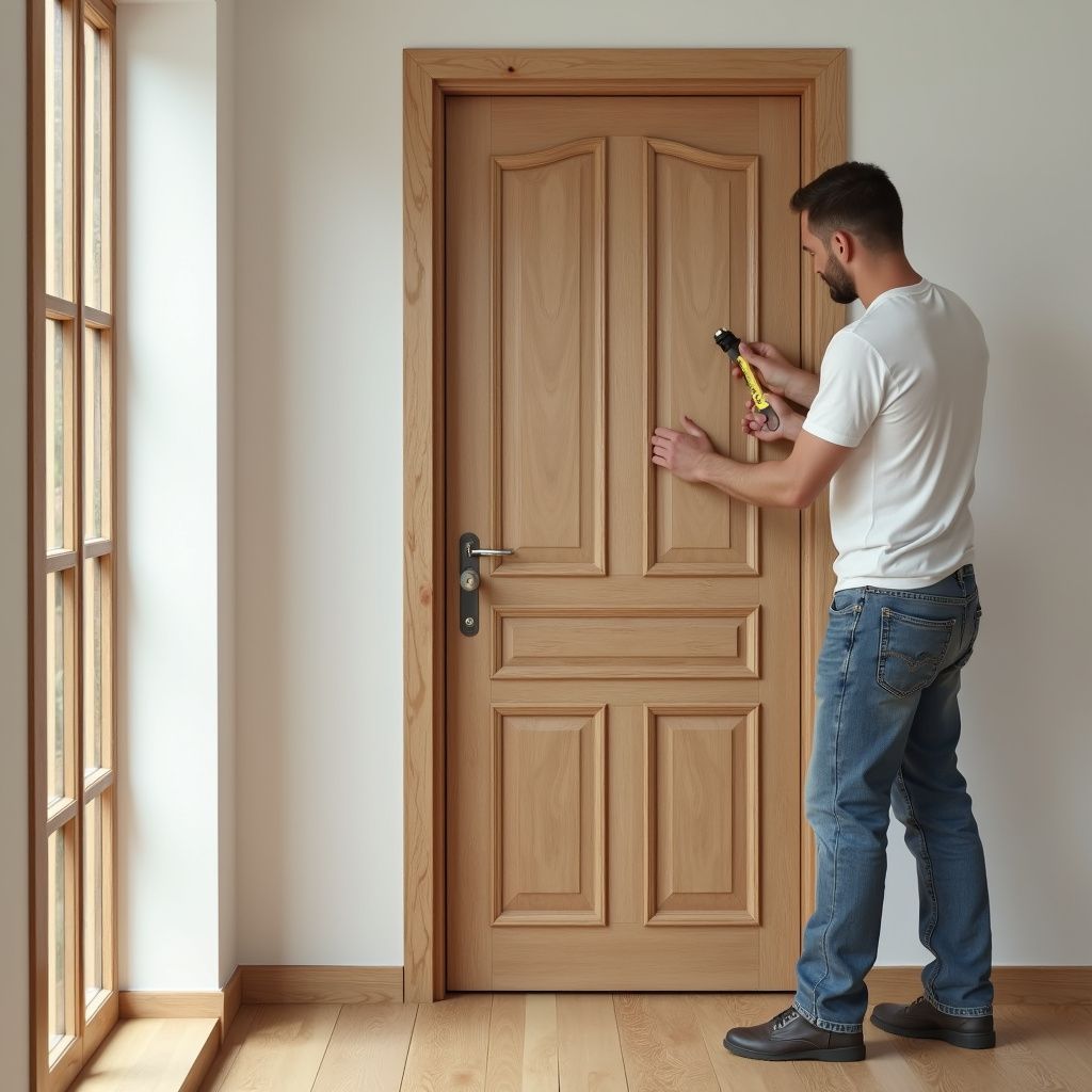 Man installing hardware on a wooden door in a room with a window.