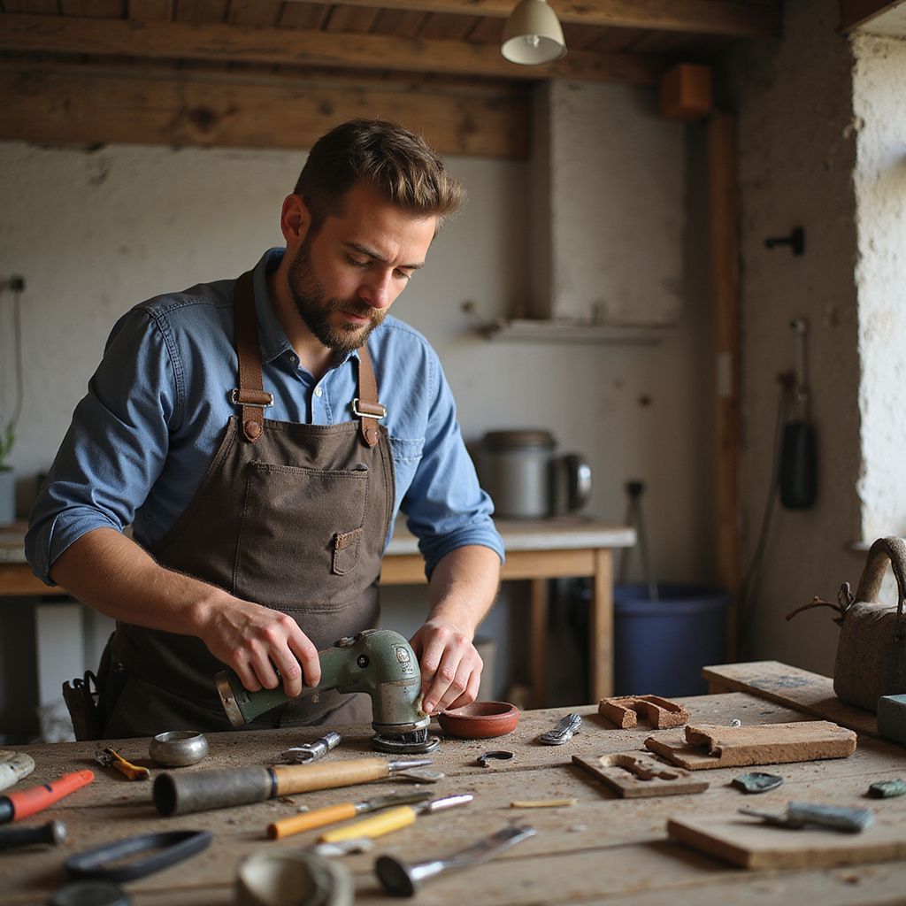 Man in apron using a tool at a workbench, working on a project in a workshop.