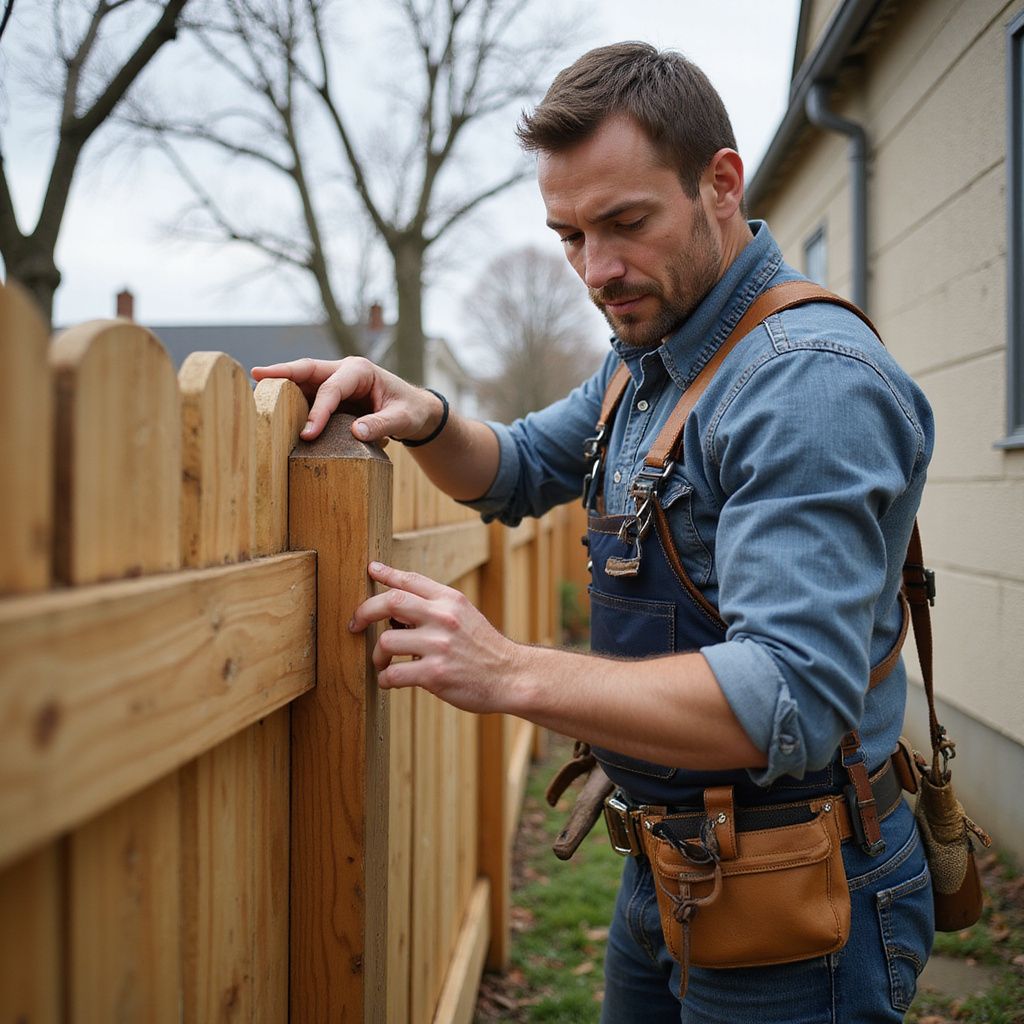 A person in a denim shirt and tool belt repairs a wooden fence outdoors.