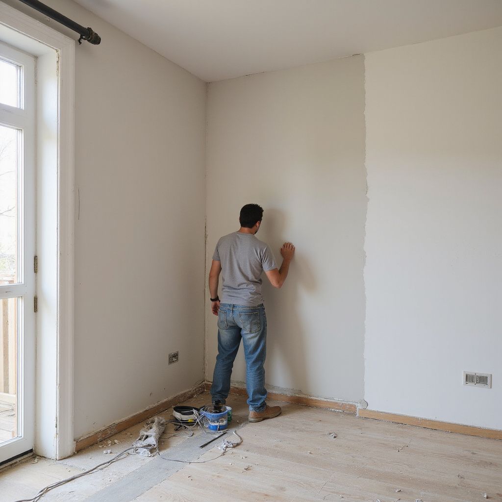 Man standing in an unfinished room, working on a wall, with tools nearby.