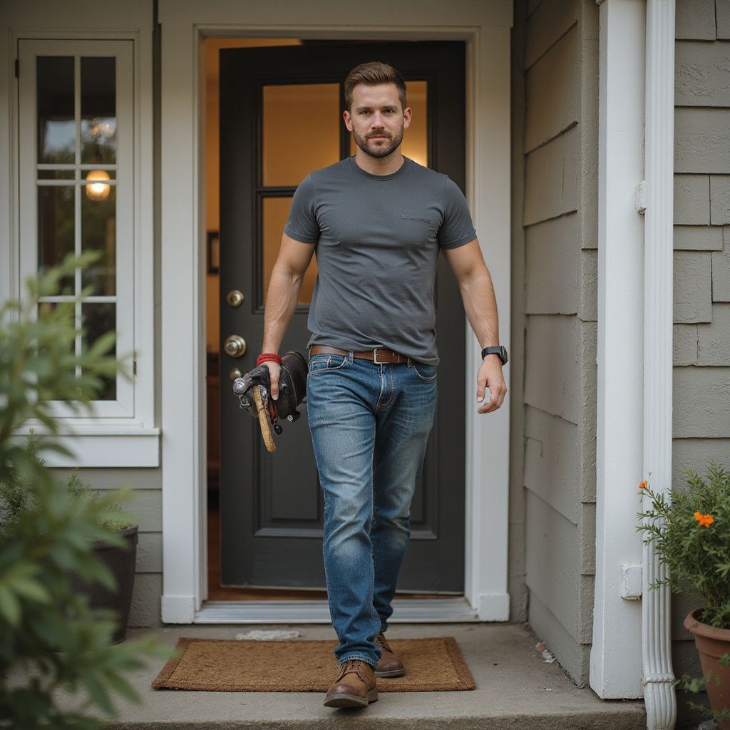 Man in gray shirt and jeans exiting a front door, holding keys.
