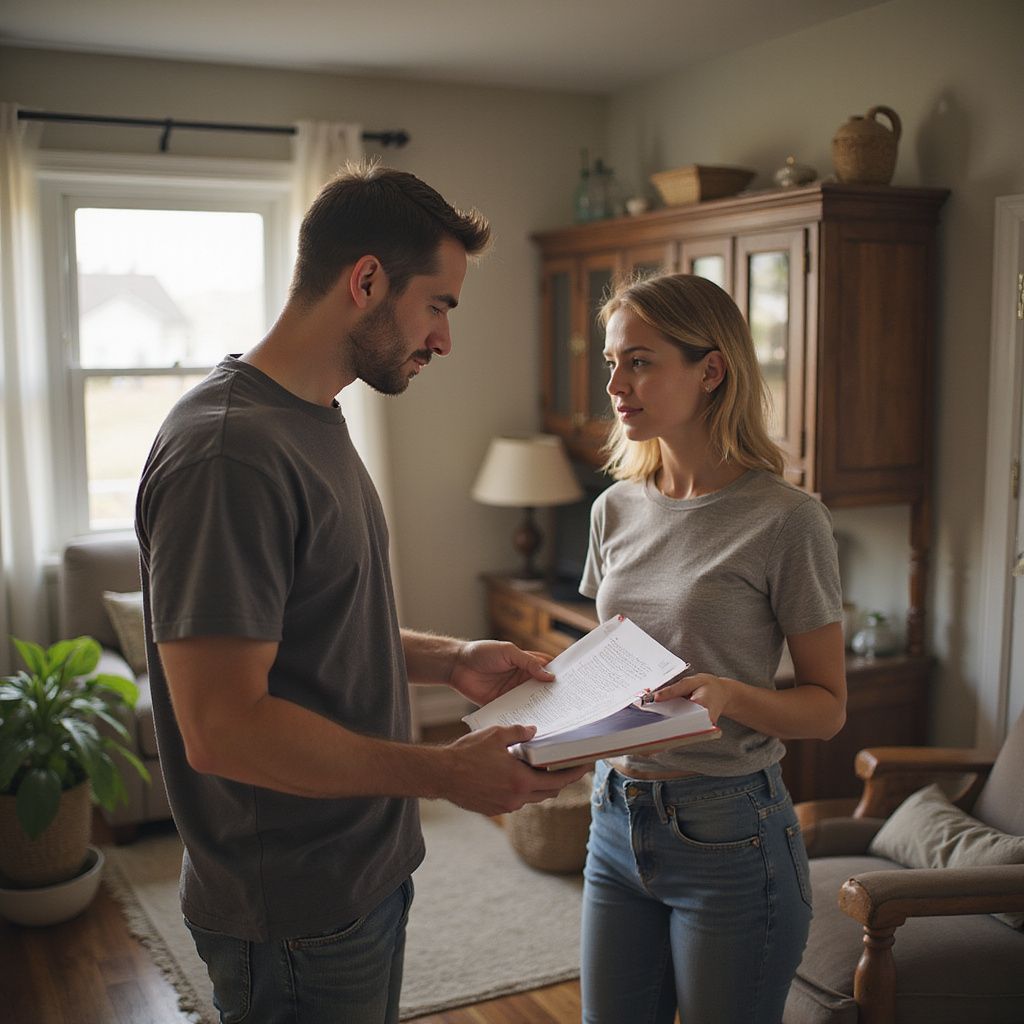Man and woman looking at paperwork in a living room, discussing.