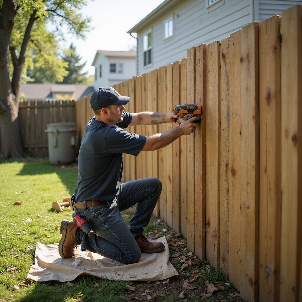 A worker in work attire uses a tool to repair a wooden fence on a sunny day.