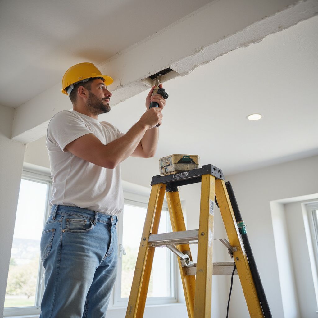 Man in hard hat repairs ceiling hole, standing on a ladder.