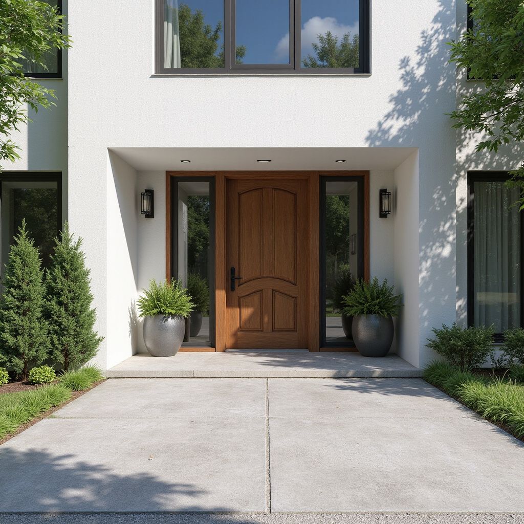 Front entrance of a modern white house with a wooden door, potted plants, and concrete walkway.