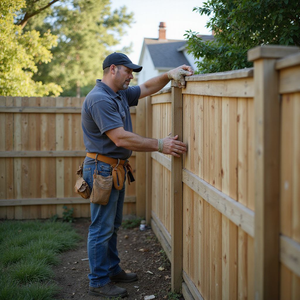 Man in work clothes builds a wooden fence in a yard, outdoors.
