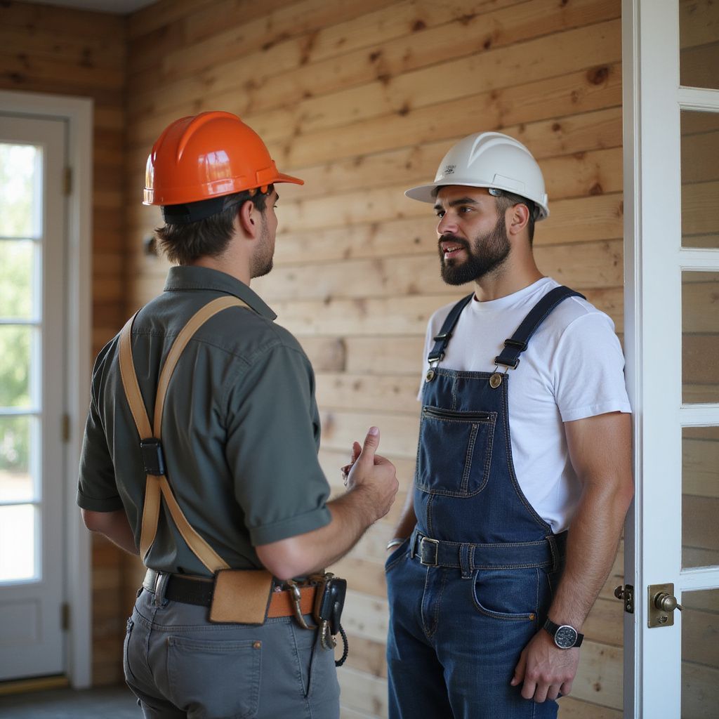 Two construction workers in hard hats talking inside a building under construction.