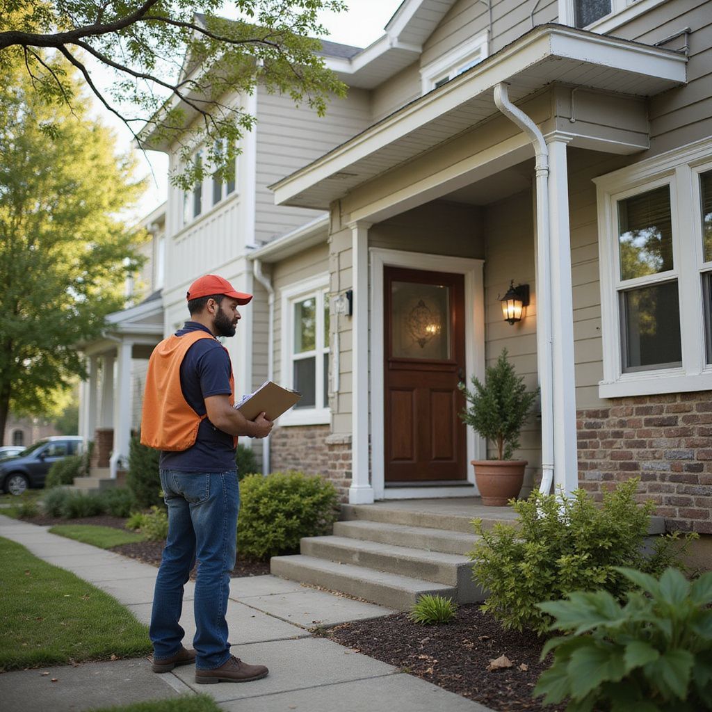 Man in orange vest stands on sidewalk in front of a house, holding a clipboard.
