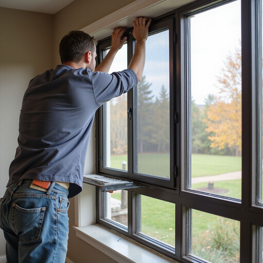 Man installing a screen on a window. He stands indoors near an open window overlooking a yard.