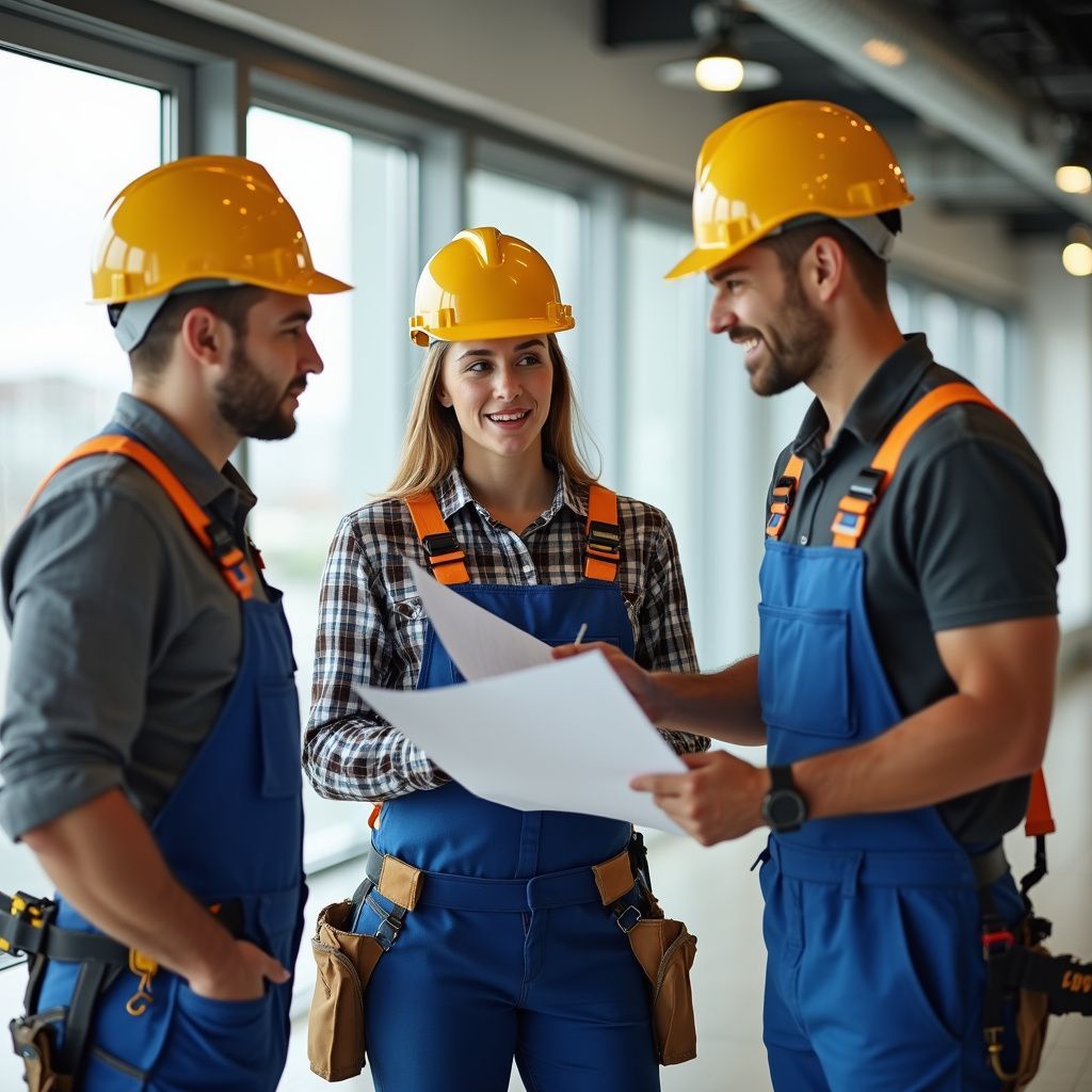 Three construction workers in hard hats discussing blueprints in a building.
