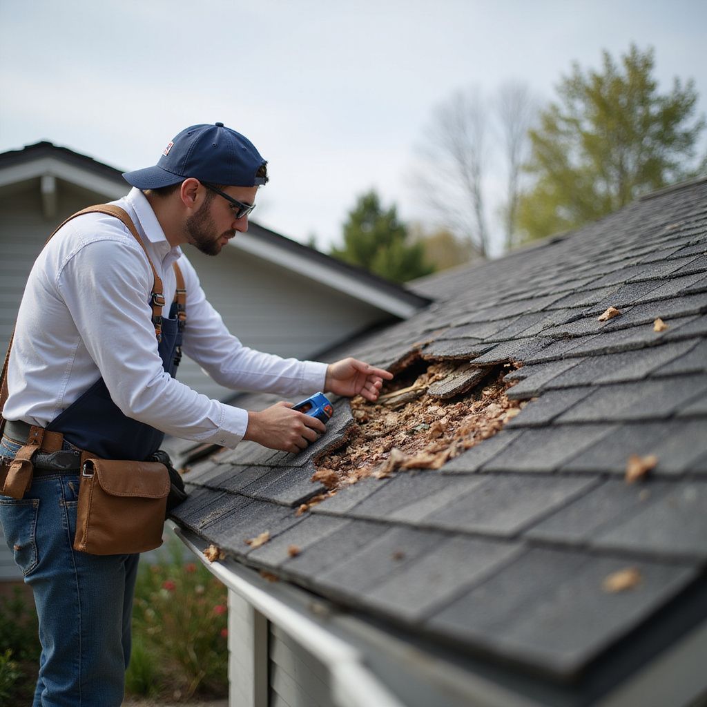 Man inspecting a damaged roof with a tool in hand, near a gutter.