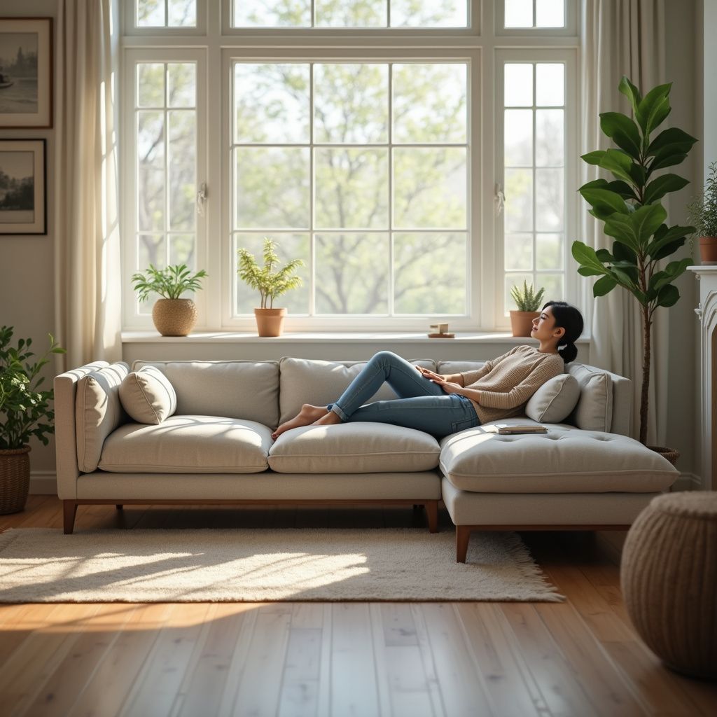 Woman relaxing on a beige sofa by a large window with plants, sunny room.