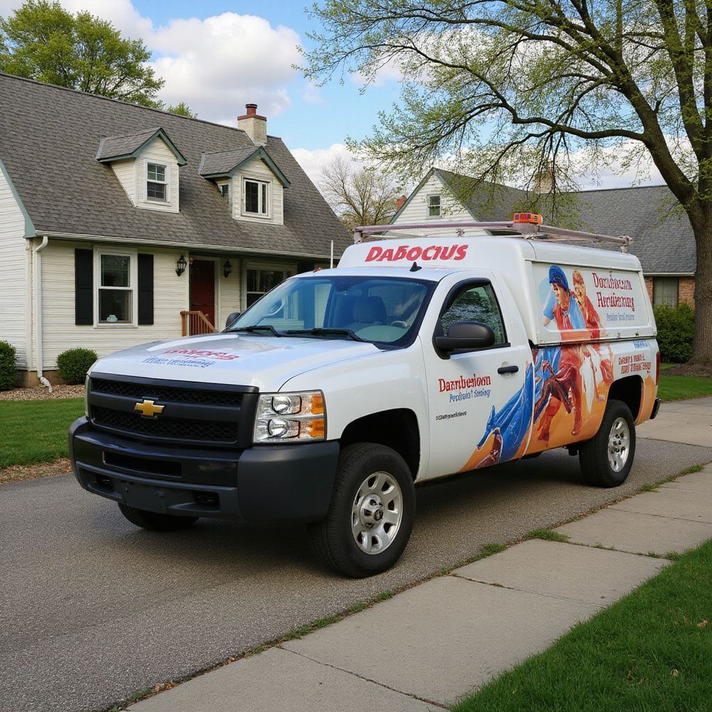 White Chevrolet service truck parked in front of a house, with company logo and colorful graphics.