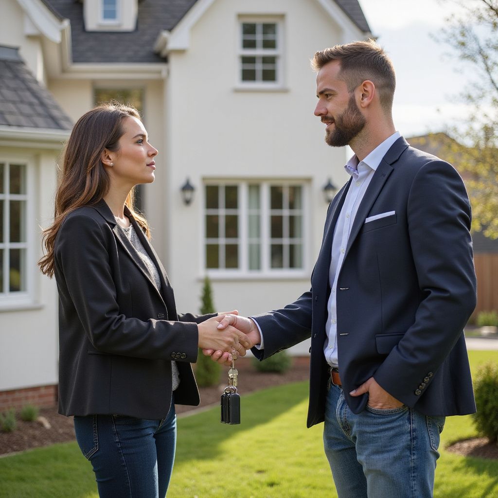 Woman and man shaking hands in front of a house, keys in hand.