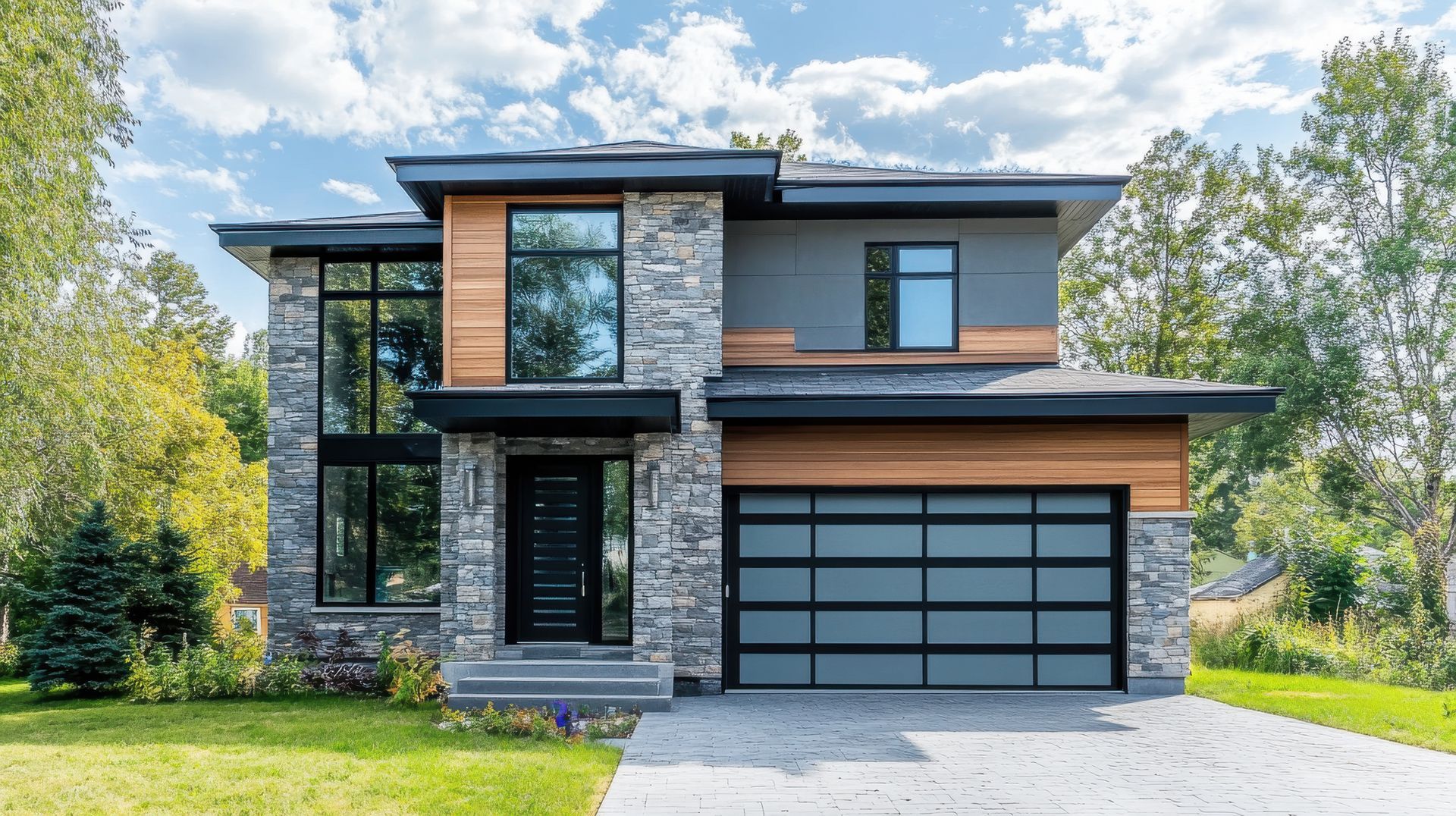 Maison moderne à deux étages avec façade en pierre, accents de bois, grandes fenêtres et porte de garage grise.