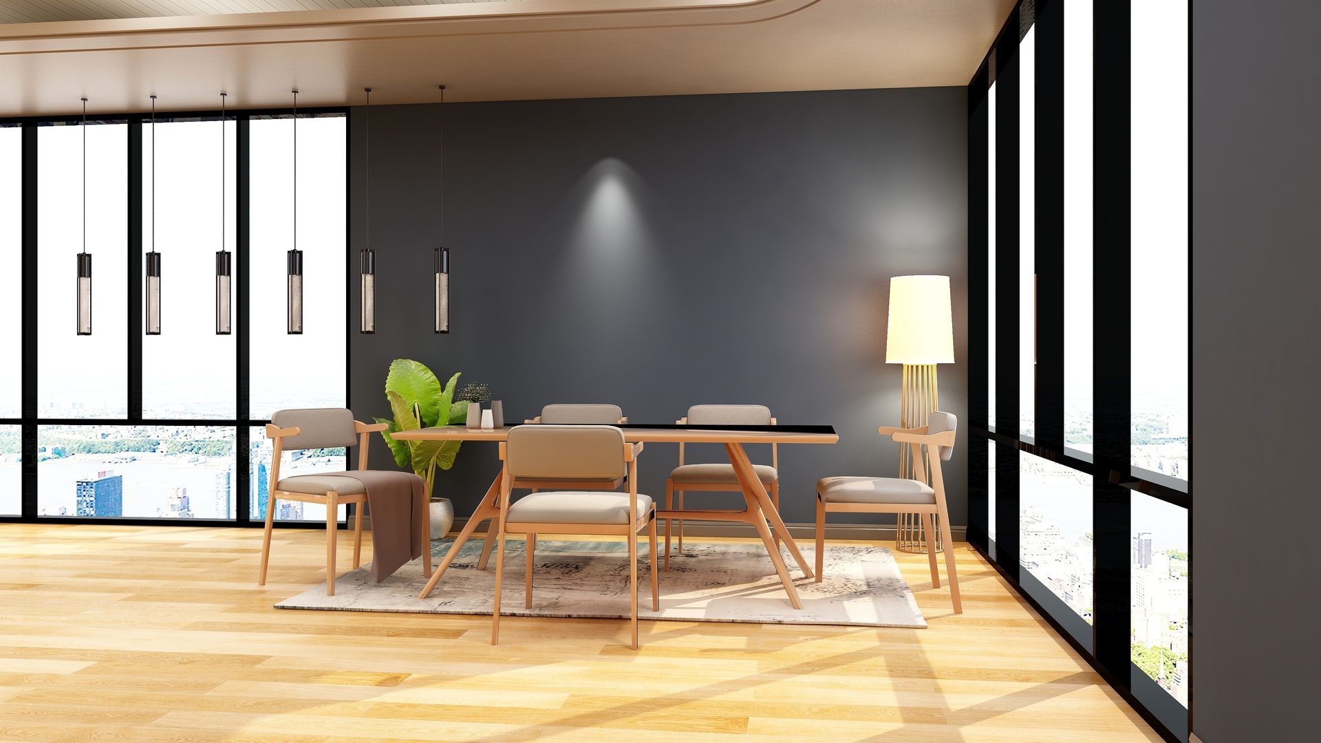 Salle à manger avec table en bois, chaises, tapis, fenêtres et suspensions lumineuses.