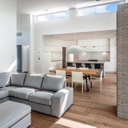 Salon moderne avec canapé gris, parquet et cuisine ouverte ; murs blancs et accents de briques.