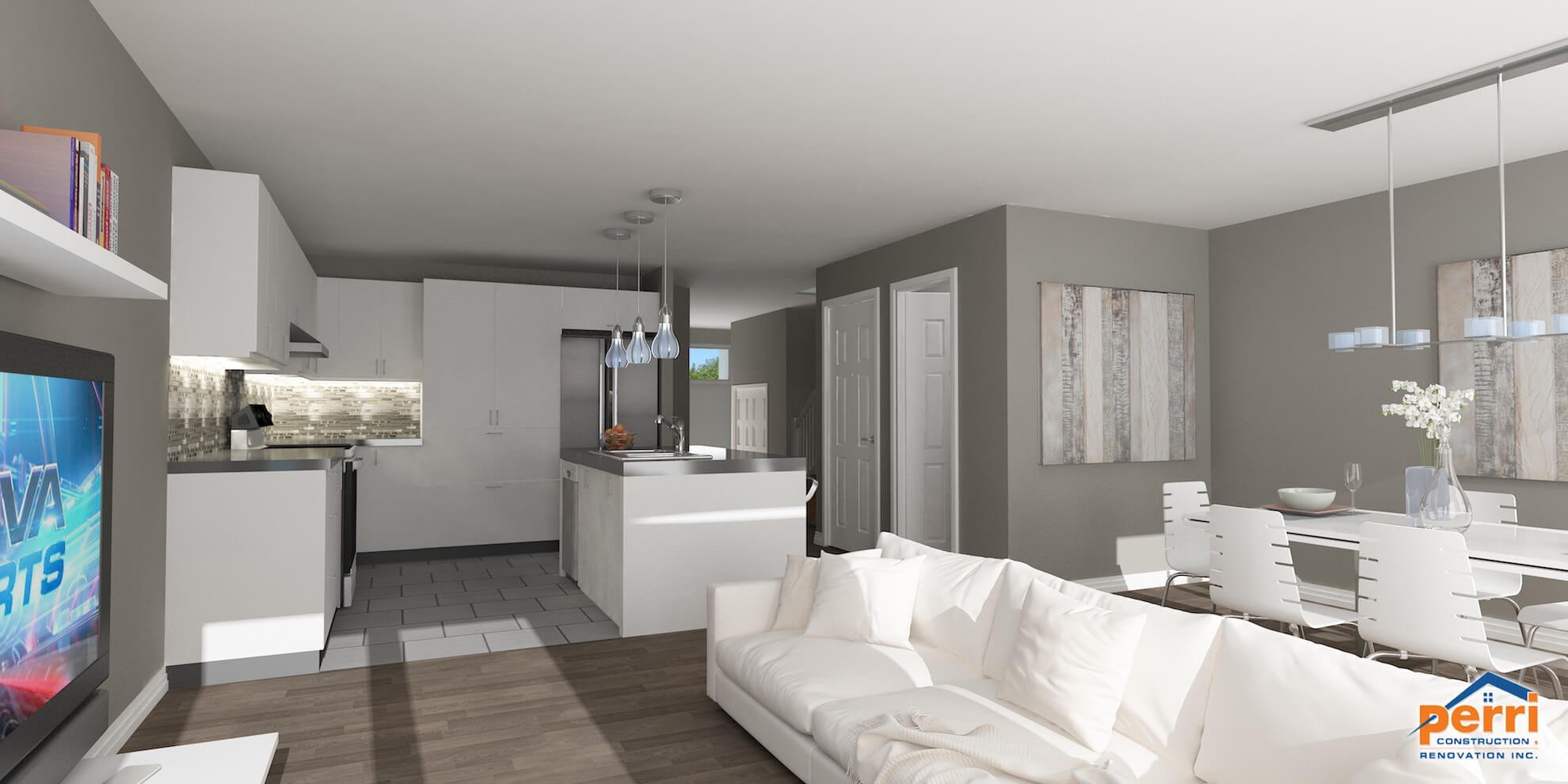 Une cuisine et une salle à manger modernes et blanches avec un canapé, une télévision et une table. Murs gris et parquet.