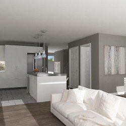 Salon moderne avec canapé blanc, îlot de cuisine et murs gris.