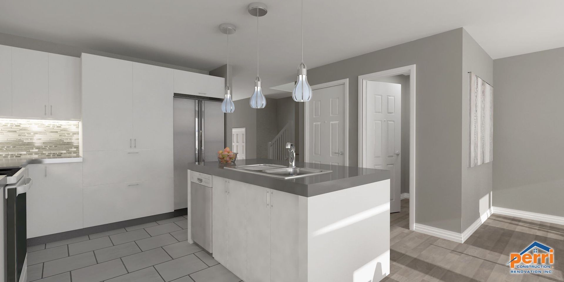 Cuisine moderne avec armoires blanches, comptoirs gris et appareils électroménagers en acier inoxydable.