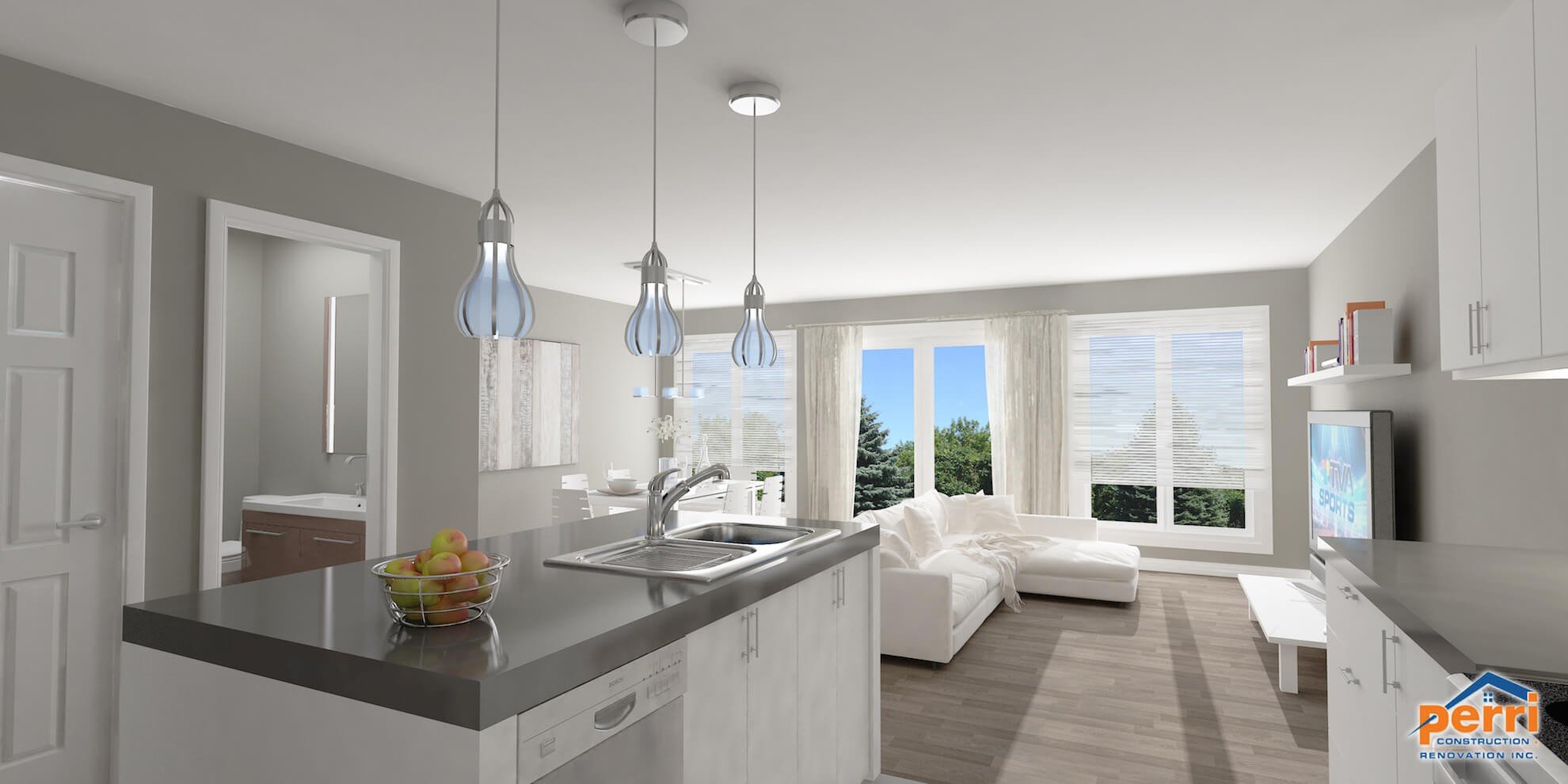 Cuisine moderne avec armoires blanches, comptoirs gris et suspensions. Séjour visible.