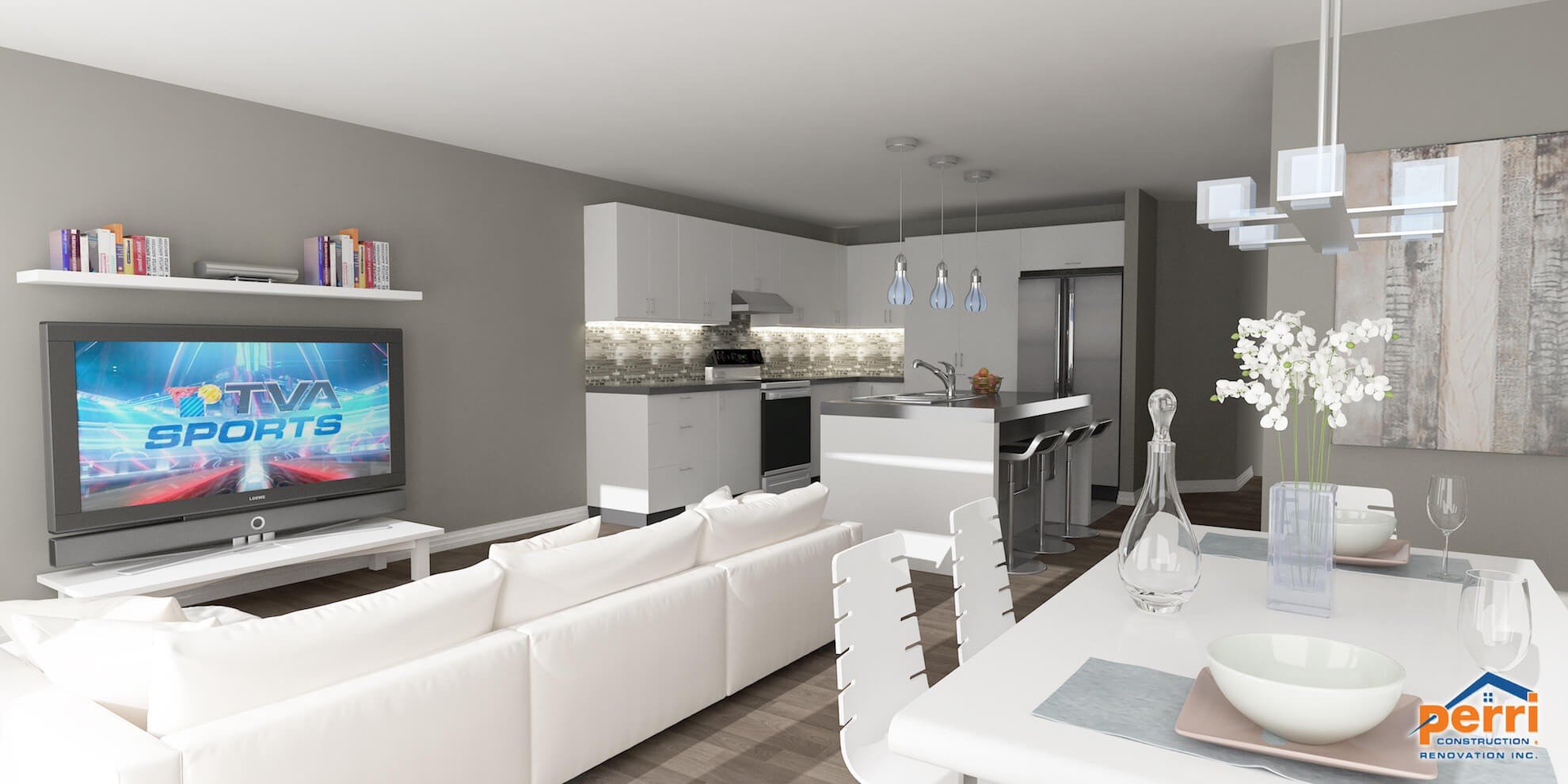 Espace de vie moderne et ouvert avec mobilier blanc, cuisine et salle à manger. La télévision affiche les événements sportifs.