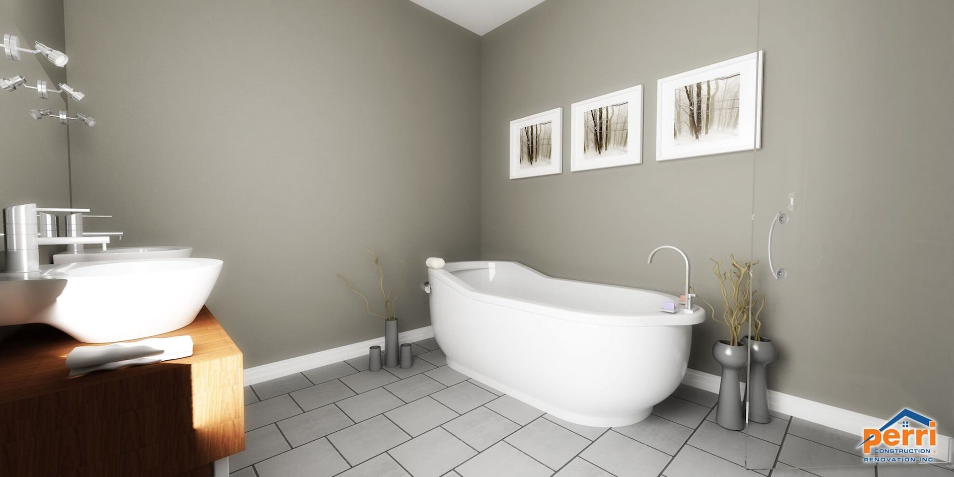 Salle de bains moderne avec baignoire et lavabo blancs, murs gris neutres. Décoration murale et carrelage au sol.