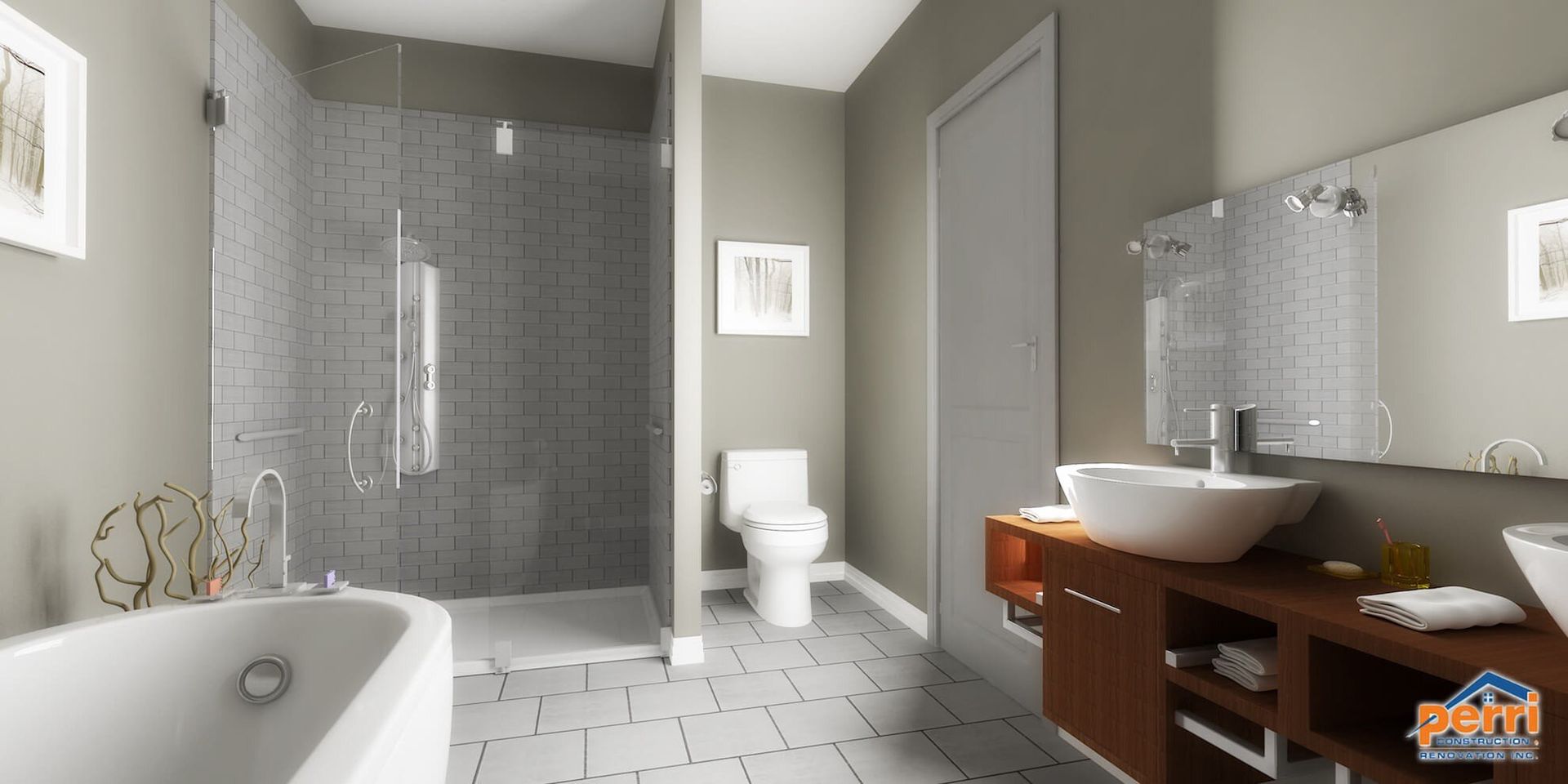 Salle de bain moderne avec douche en verre, vanité, toilettes et baignoire.