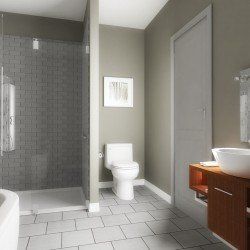 Salle de bain moderne avec douche, toilettes, lavabo et meuble-lavabo en bois. Murs gris et sol carrelé.