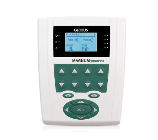 Pannello di controllo bianco da parete con display, pulsanti freccia e pulsante OK, etichettato GLOBUS MAGNUM 3000PRO