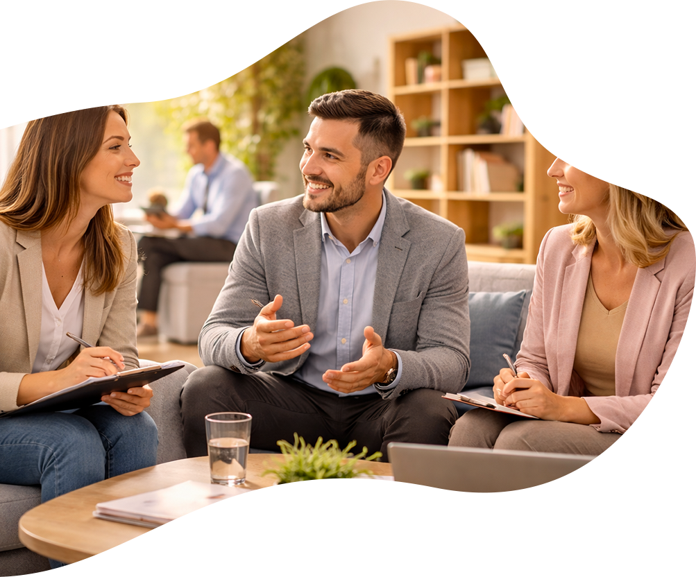 Tre persone sedute, impegnate in una conversazione. Un uomo gesticola mentre due donne ascoltano. Spazio interno, luminoso.