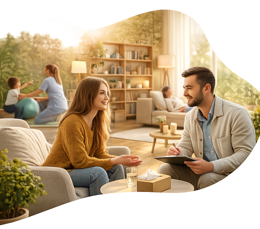 Una donna parla con uno psicologo in uno studio ben illuminato; sullo sfondo si vedono un bambino e una donna.