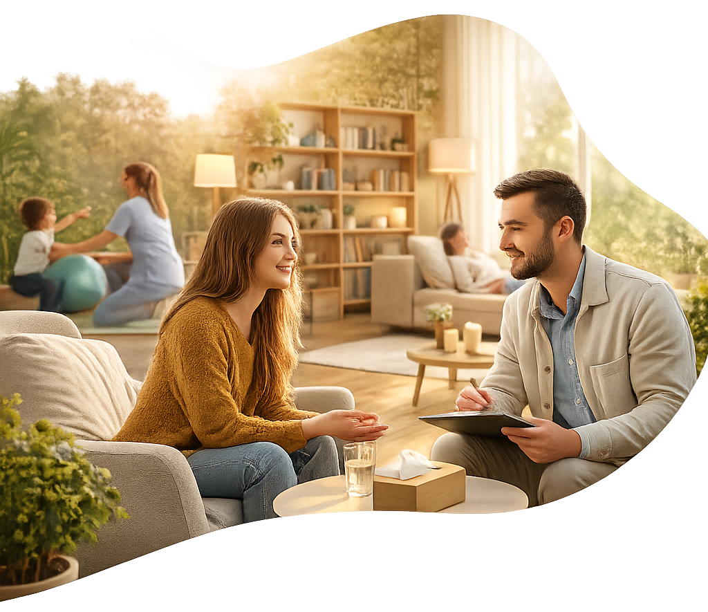 Donna che parla con uno psicologo; sullo sfondo, bambino e assistente. Interni morbidi e luminosi, con piante.