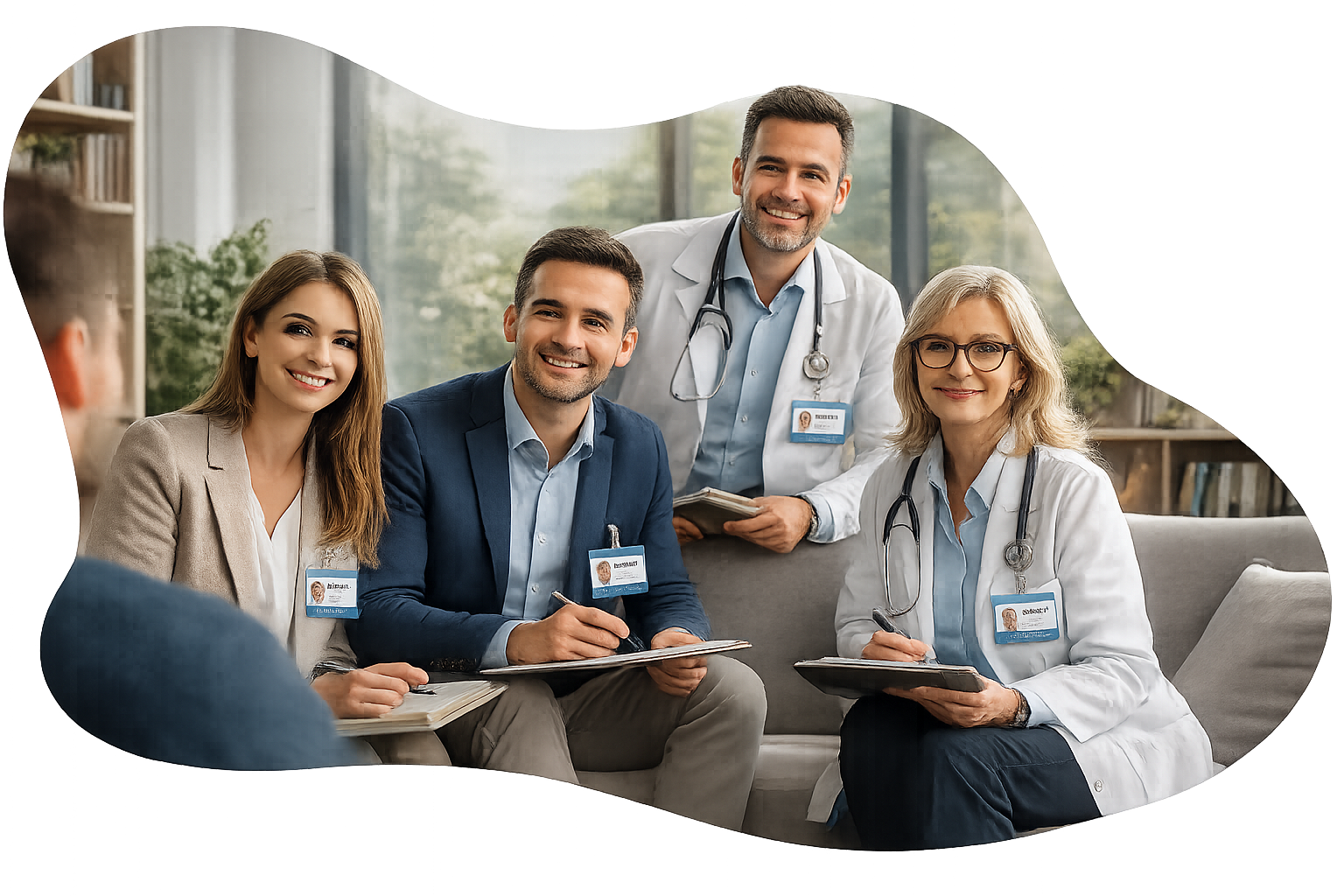 Quattro professionisti sanitari sorridono, alcuni prendendo appunti, durante un gruppo di supporto o di consulenza.