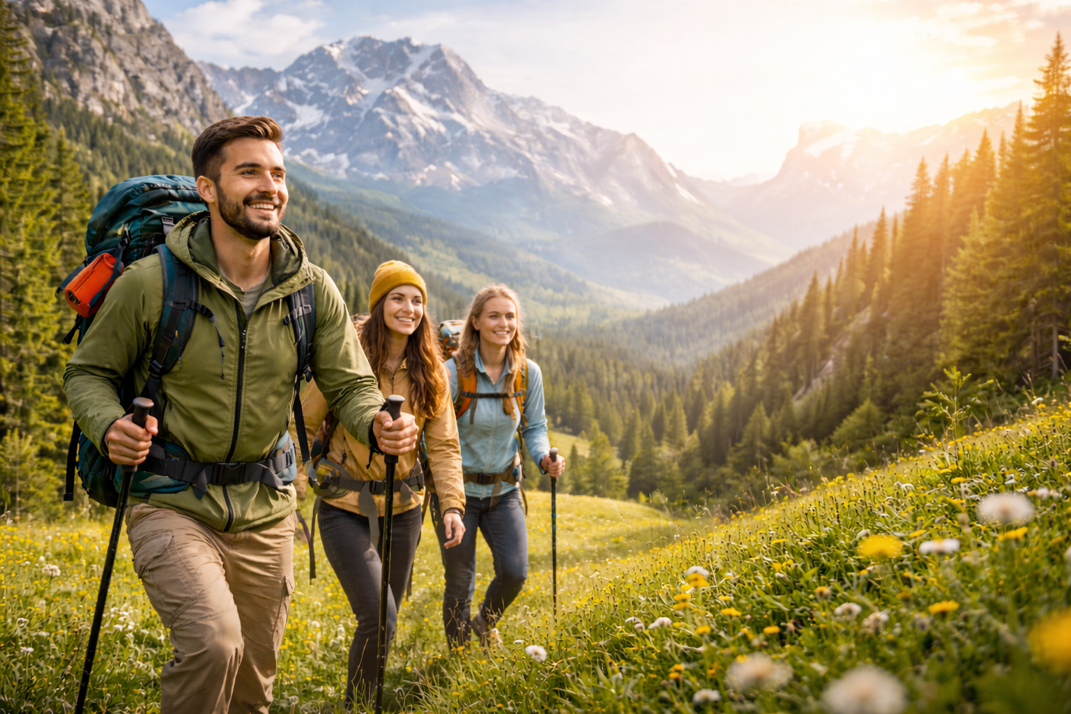 Paesaggio verde, cielo soleggiato e montagne.