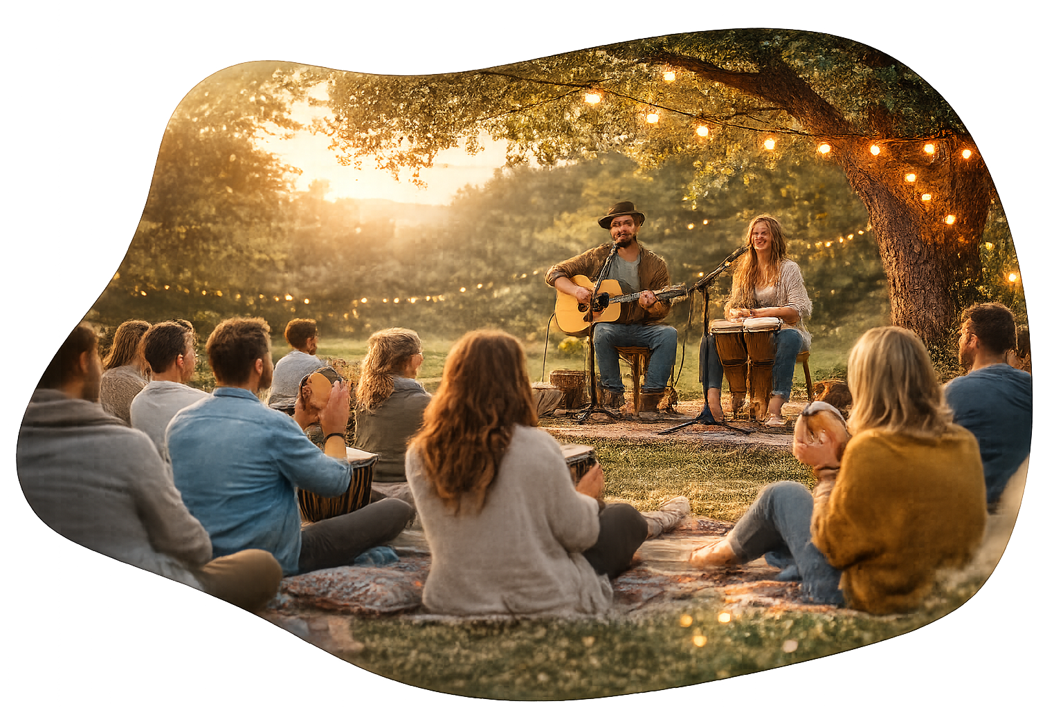 I musicisti suonano la chitarra e la batteria per un pubblico seduto sotto gli alberi, illuminati da luci a filo.