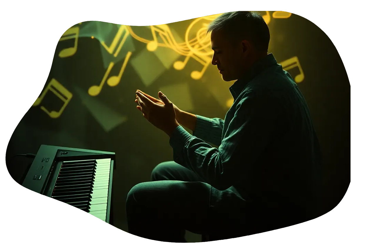 Un uomo siede davanti a una tastiera con le mani alzate, circondato da note musicali dorate che fluttuano in un'ambientazione scura e suggestiva.