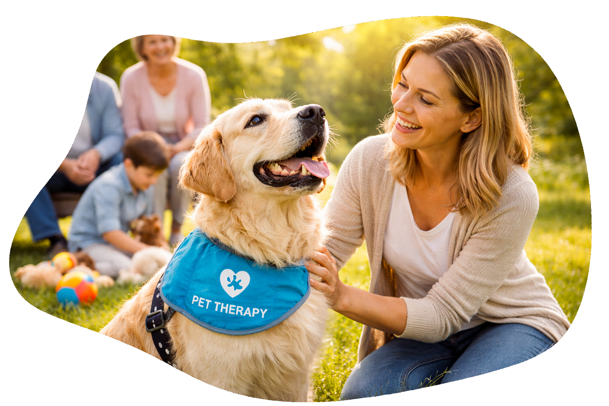 Donna che accarezza un golden retriever indossando una bandana da