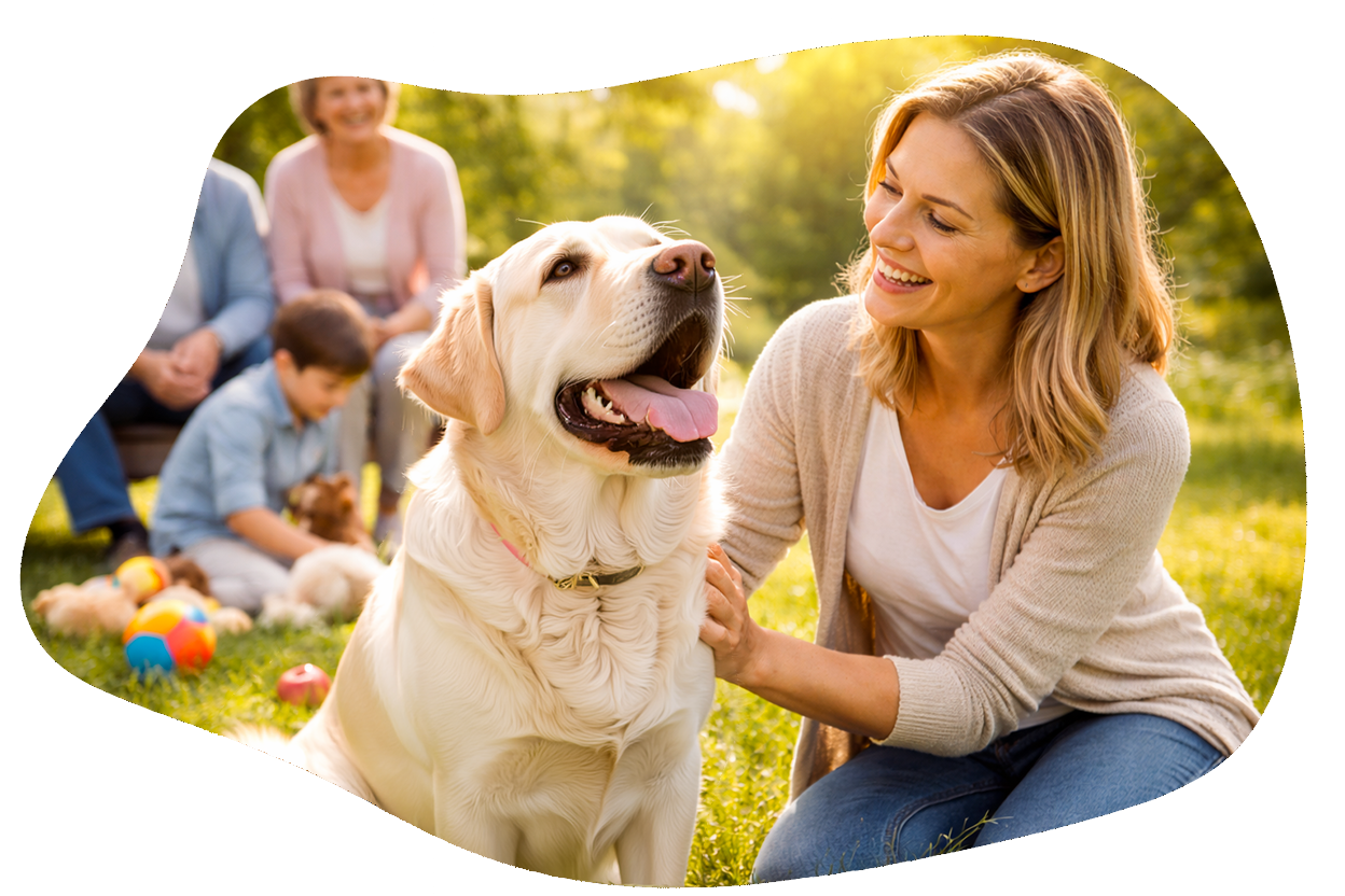 Donna che accarezza un golden retriever indossando una bandana da