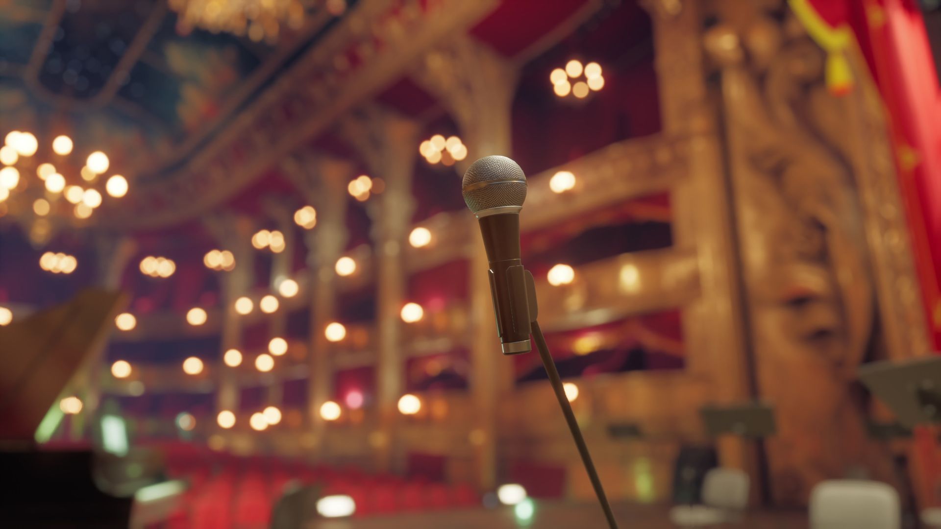 Microphone on stand in a warmly lit, bokeh-filled indoor performance venue