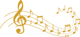 Gold treble clef and musical notes flowing in a curved line on a white background Gold treble clef and musical notes flowing in a curved line on a white background