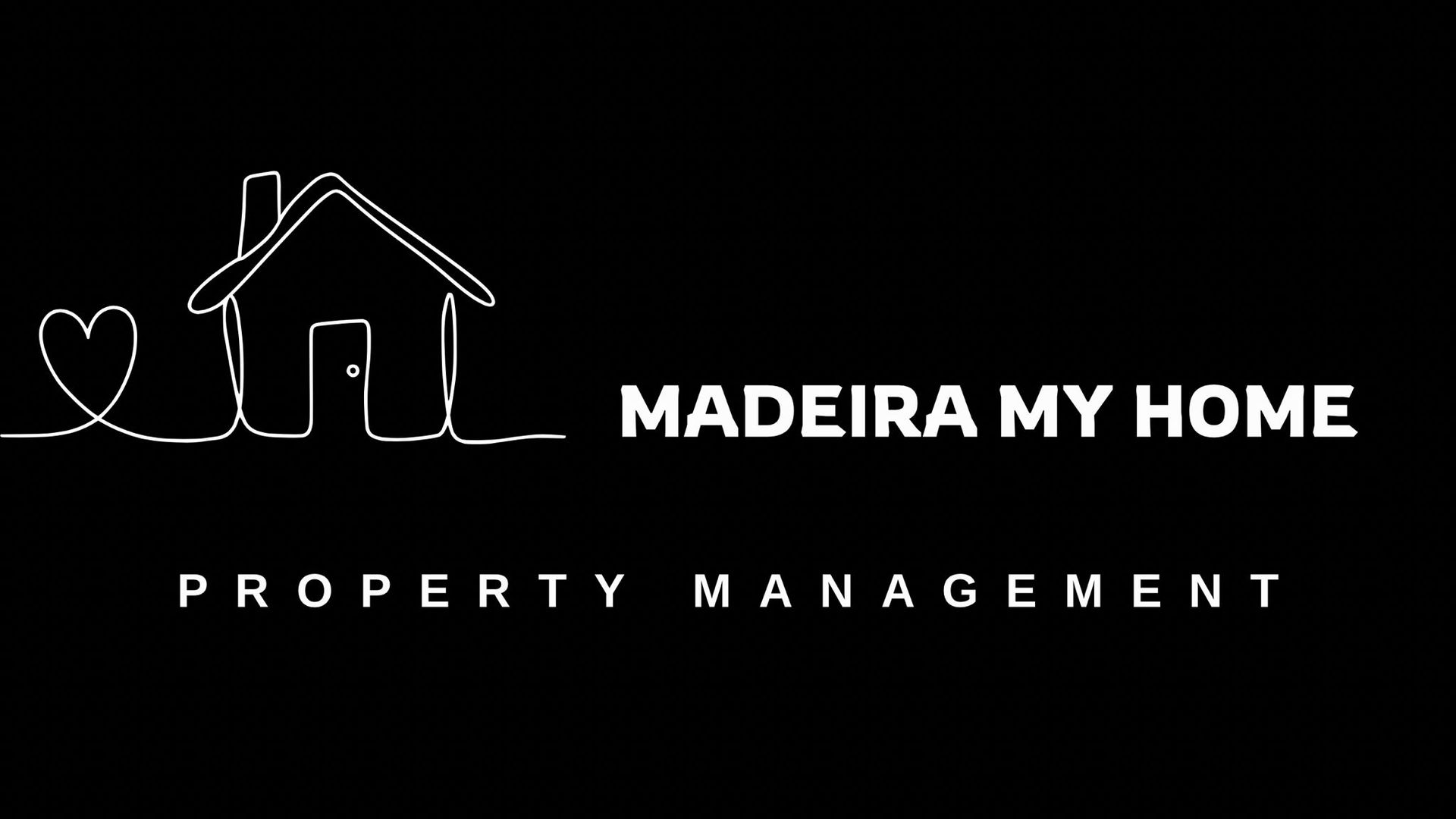 Logo for Madeira My Home. White house outline with heart, text: Madeira My Home, Property Management on black background.