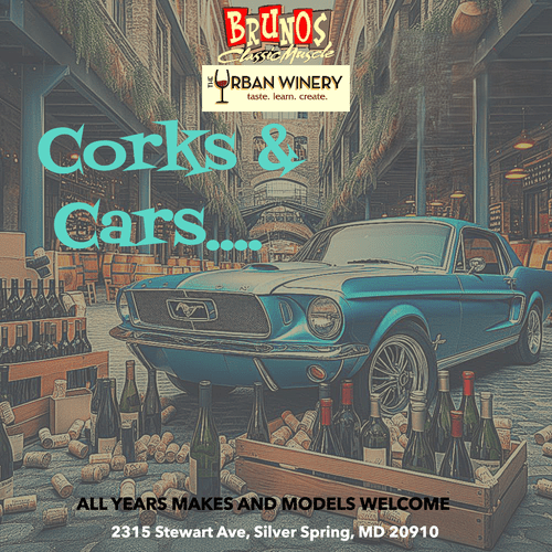 A blue mustang is surrounded by bottles of wine and corks.