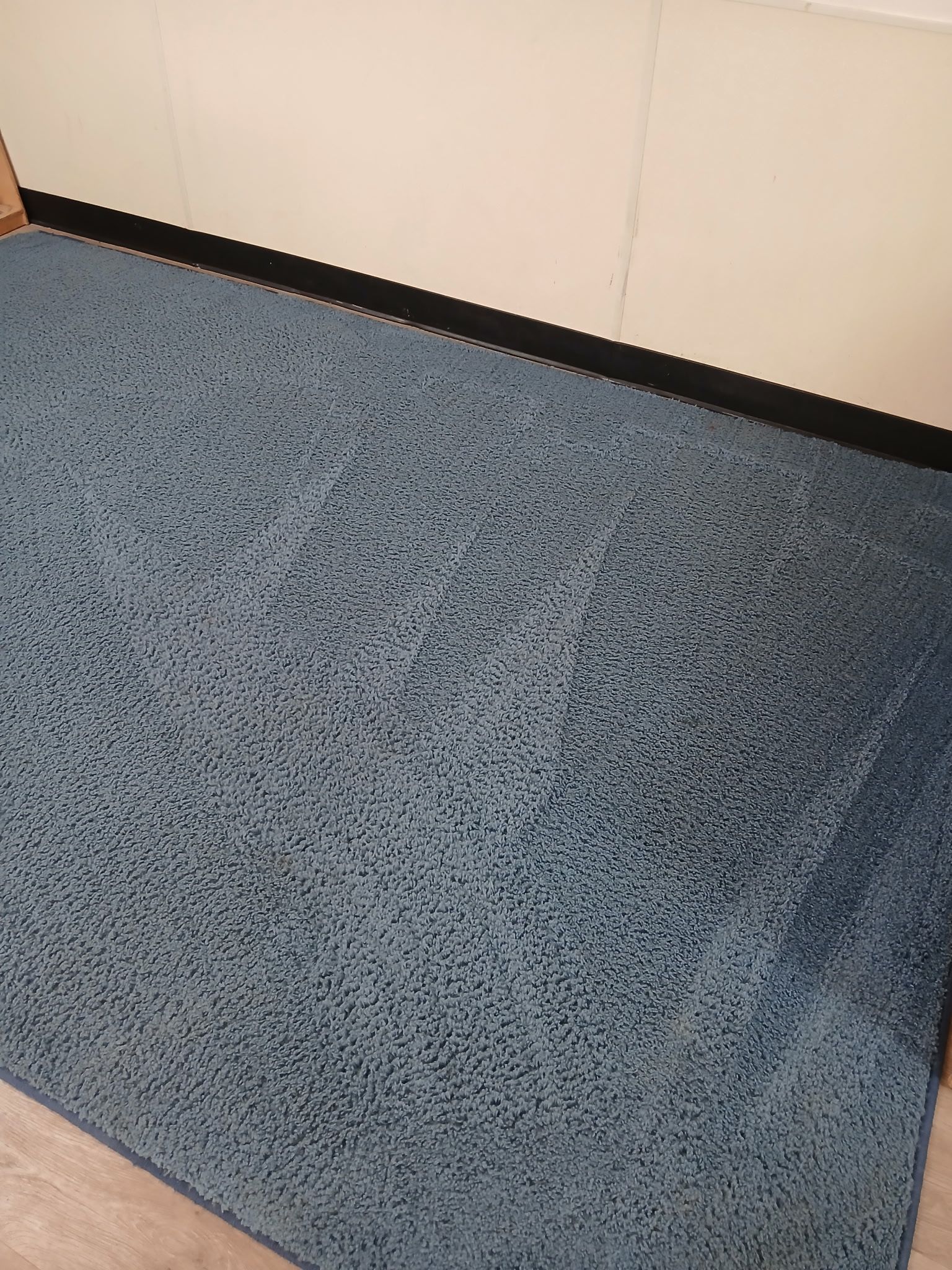 A rectangular blue and black speckled carpet rug on a light floor, bordered by a black wall base.