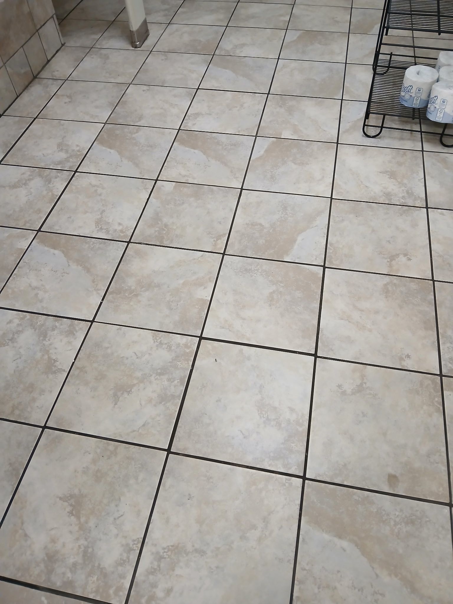 Beige, square floor tiles with thin, dark brown grout lines in a residential bathroom setting.
