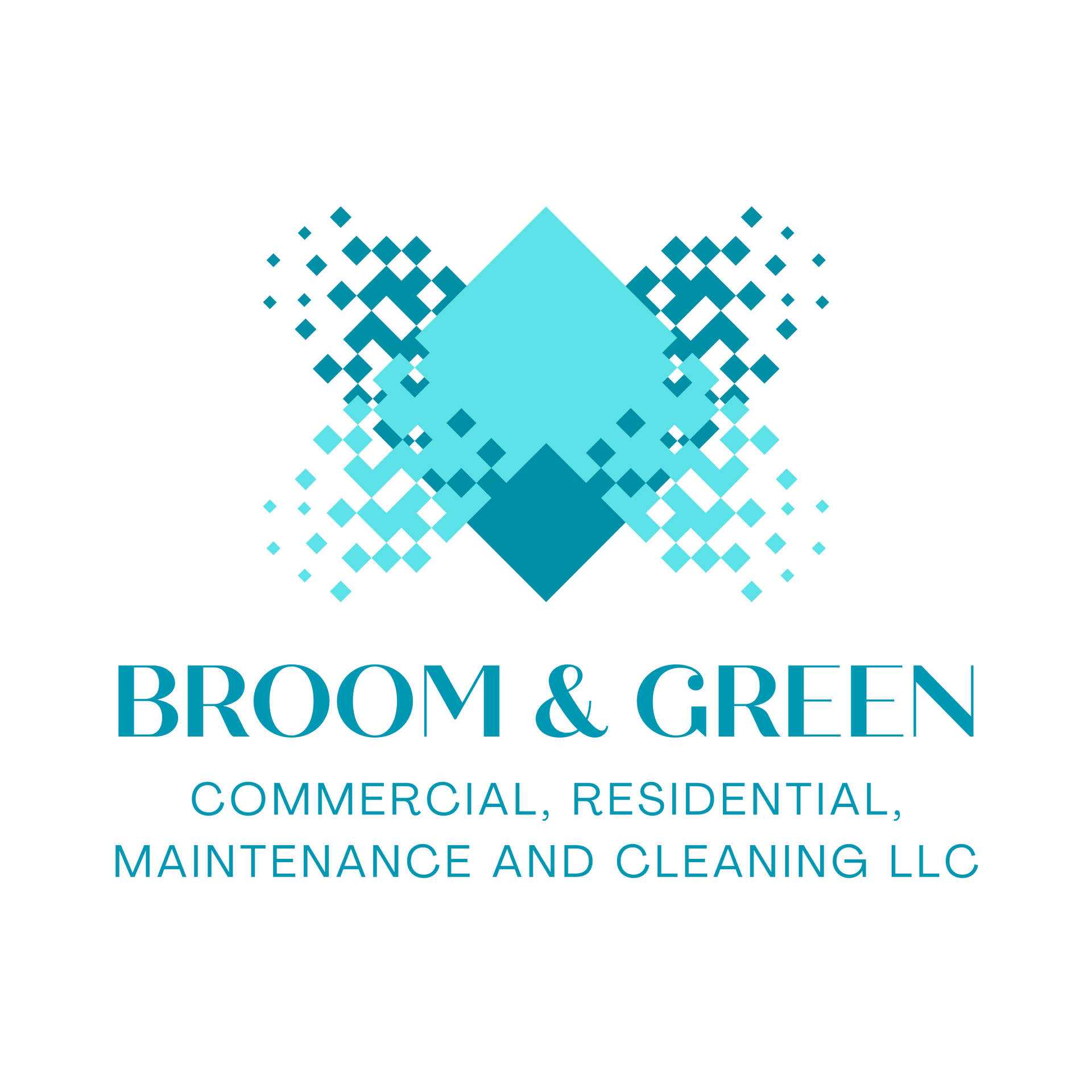 Logo for Broom & Green LLC featuring a teal geometric, pixelated diamond icon above the company name and service details.