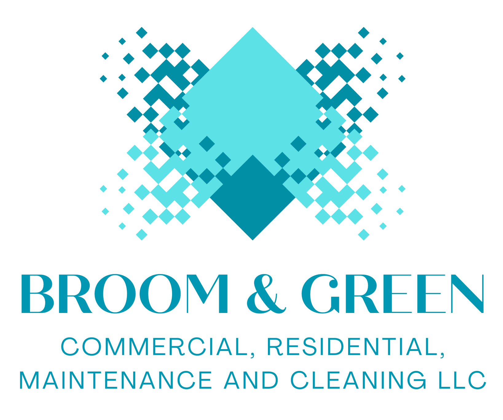 Logo for Broom & Green LLC featuring a teal geometric, pixelated diamond icon above the company name and service details.