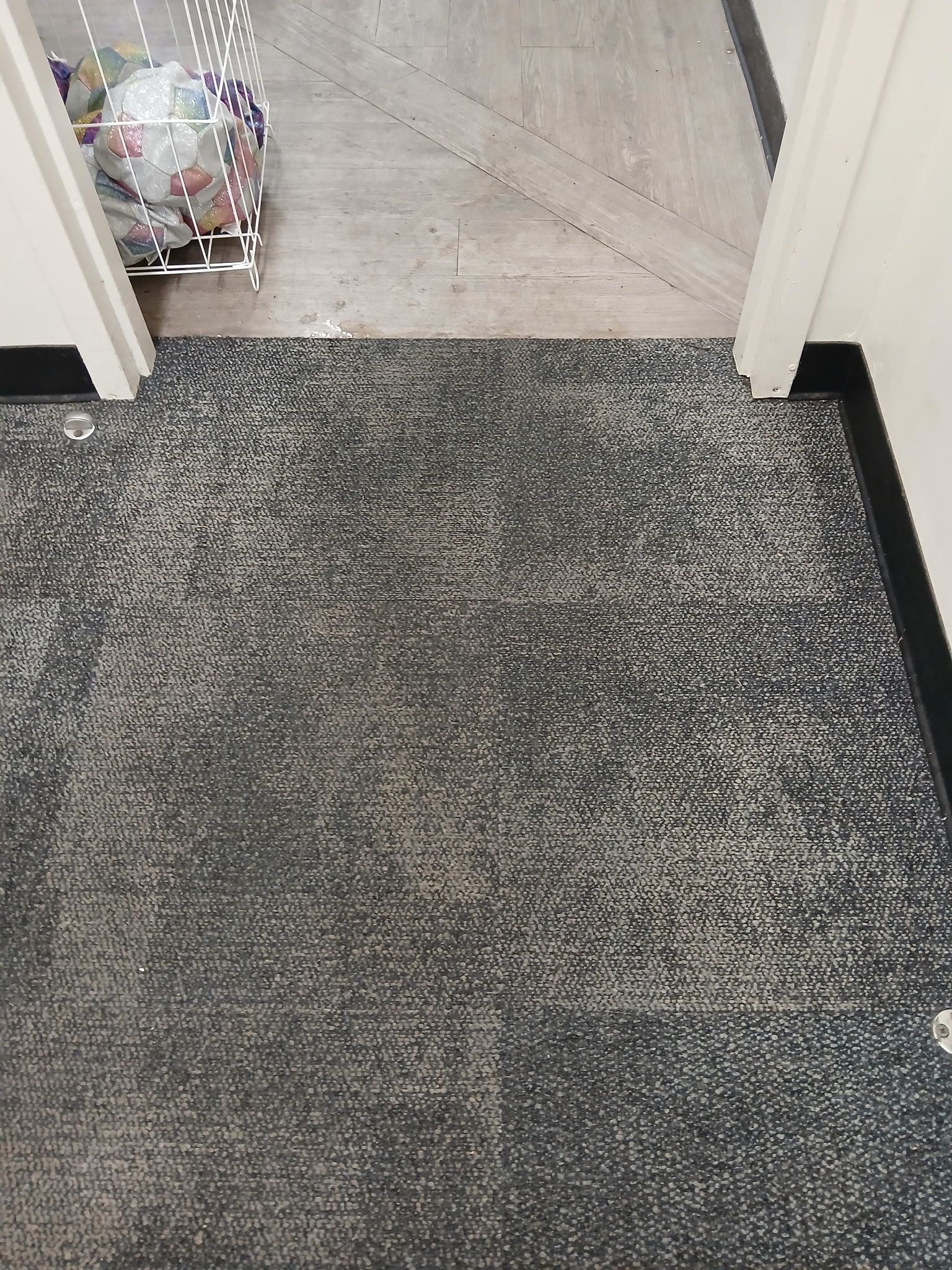 A doorway transition from a gray-and-black mottled carpet to a light-colored tile floor with a metal trash bin nearby.