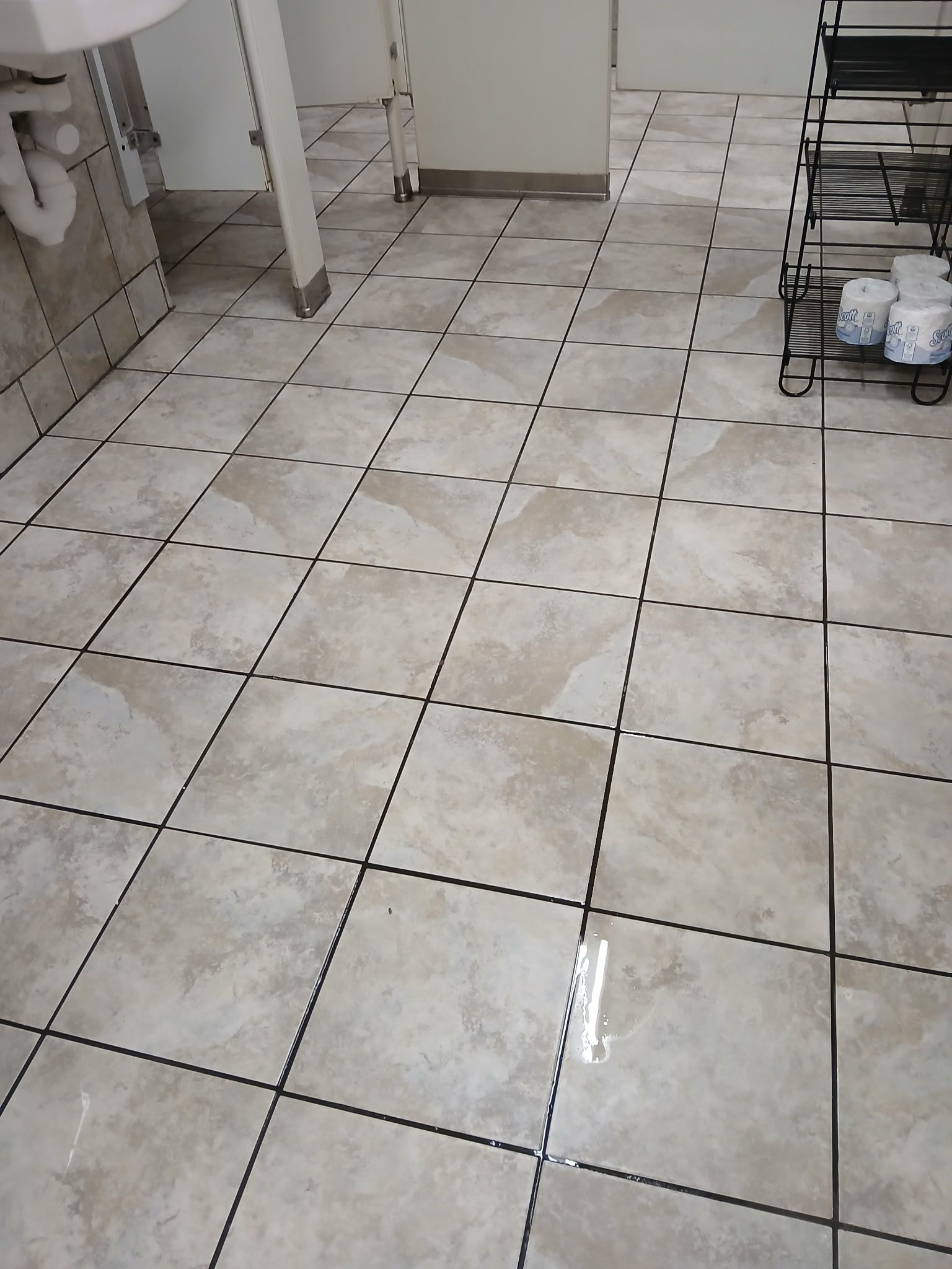 A perspective view of light-colored, square bathroom floor tiles, with a sink drain and a toilet paper holder visible.